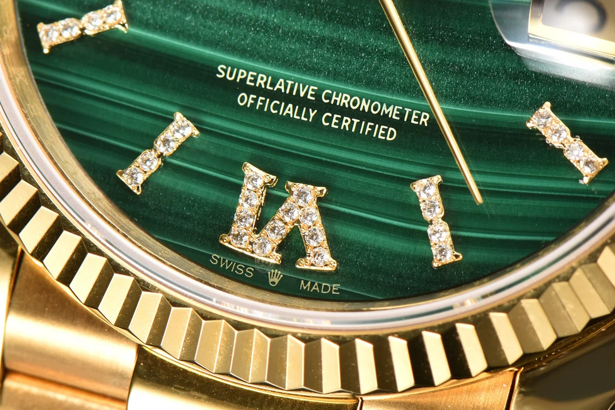 Daydate 36 128238 Malachite Diamond Roman Dial in Yellow Gold
