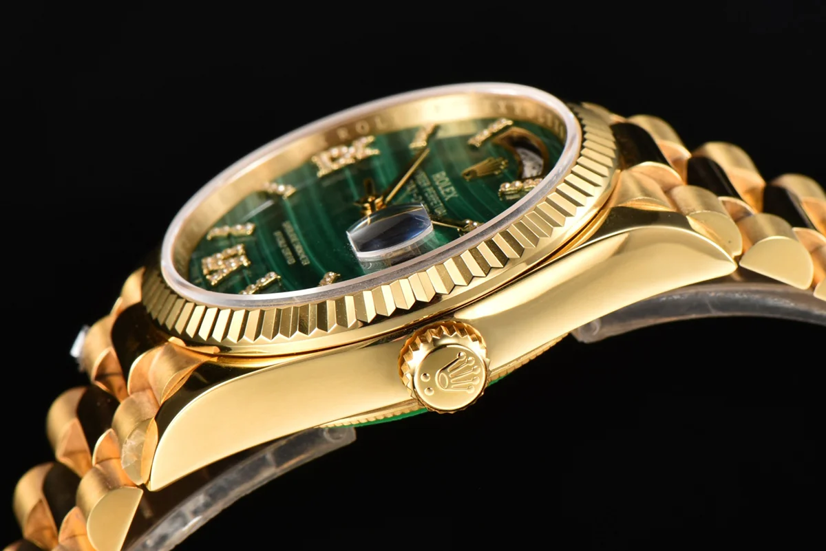Daydate 36 128238 Malachite Diamond Roman Dial in Yellow Gold