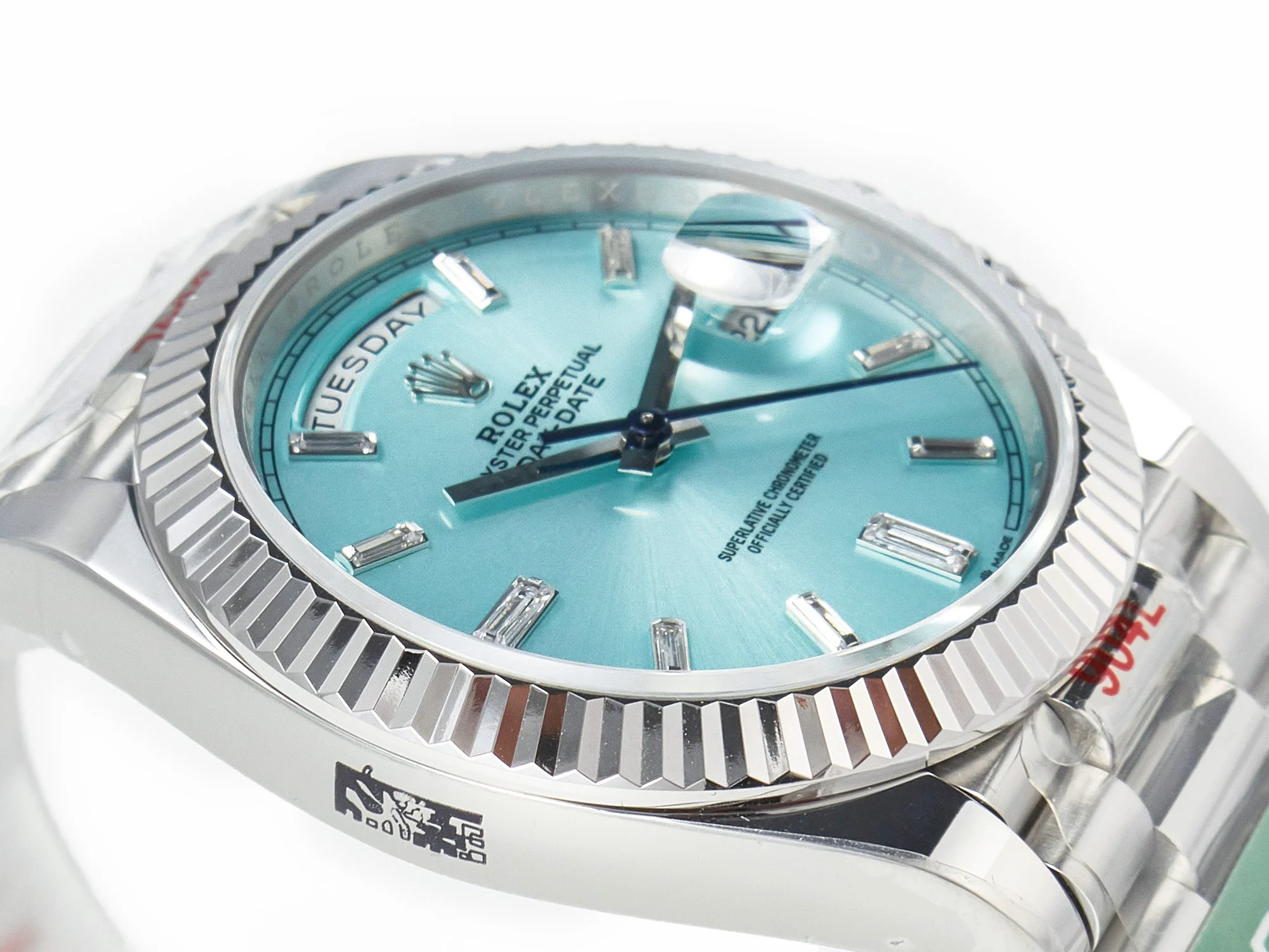 DayDate 40 228236 ARF 904L Steel Tiffany Blue Crystal Diamonds Bezel on President Bracelet VR3255