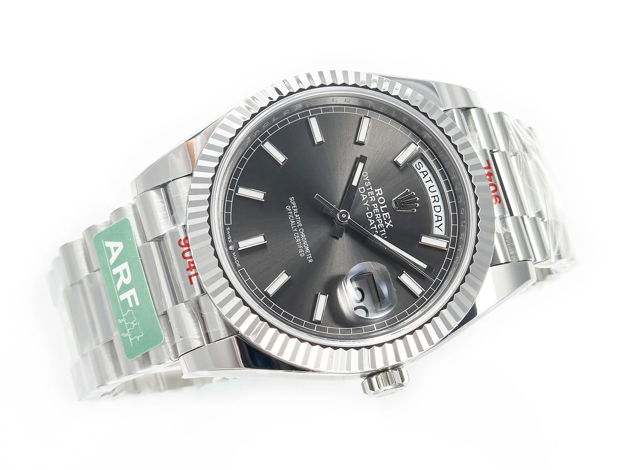 DayDate 40 228239 ARF 904L Steel Grey Stick Dial on President Bracelet VR3255