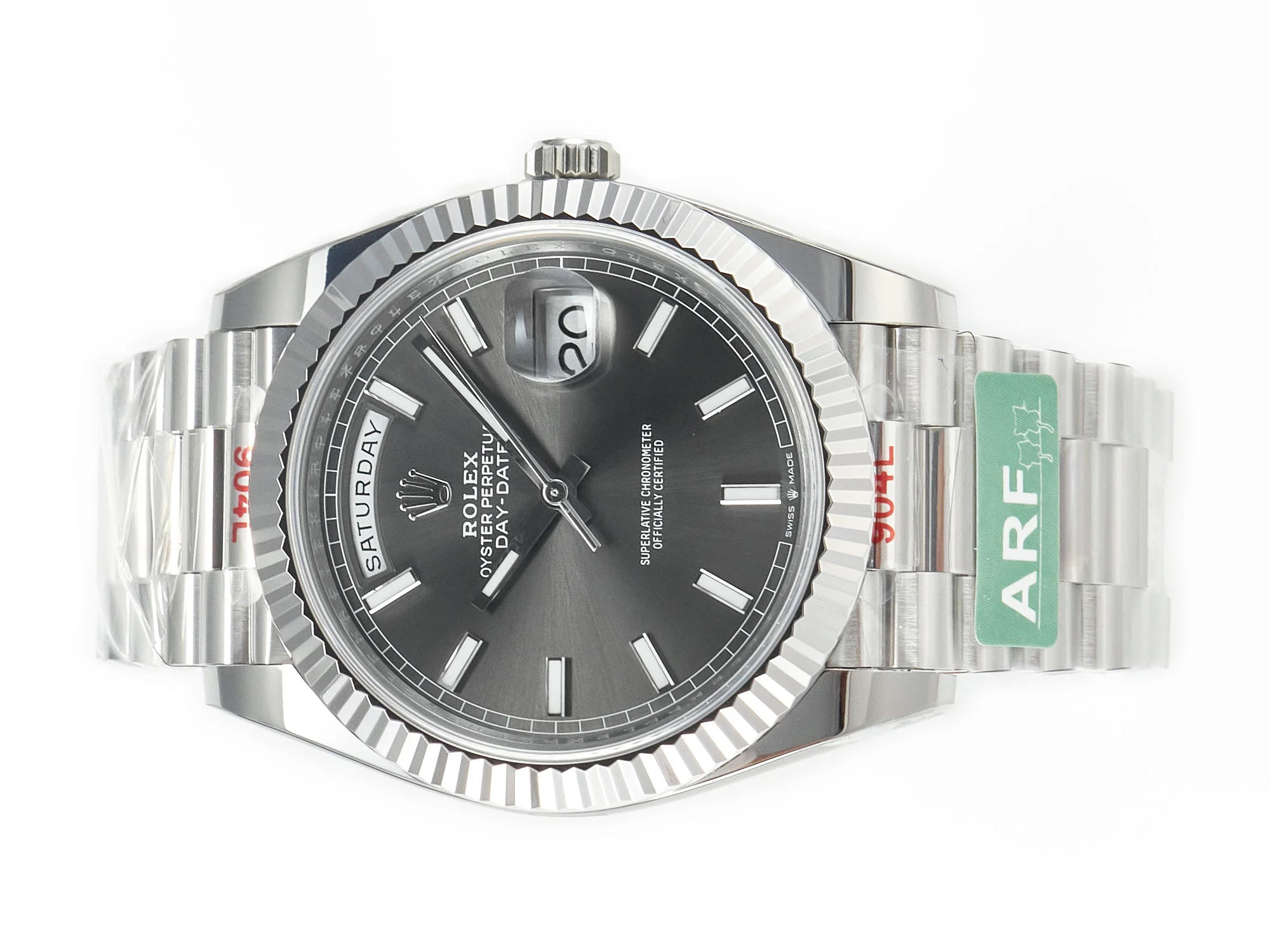 DayDate 40 228239 ARF 904L Steel Grey Stick Dial on President Bracelet VR3255