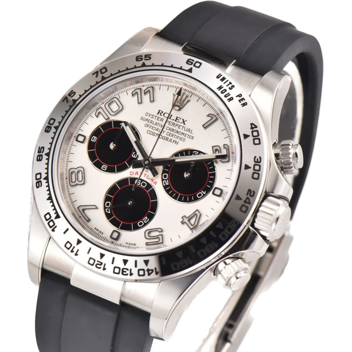 Daytona 116519 White Dial in White Gold on Rubber Strap