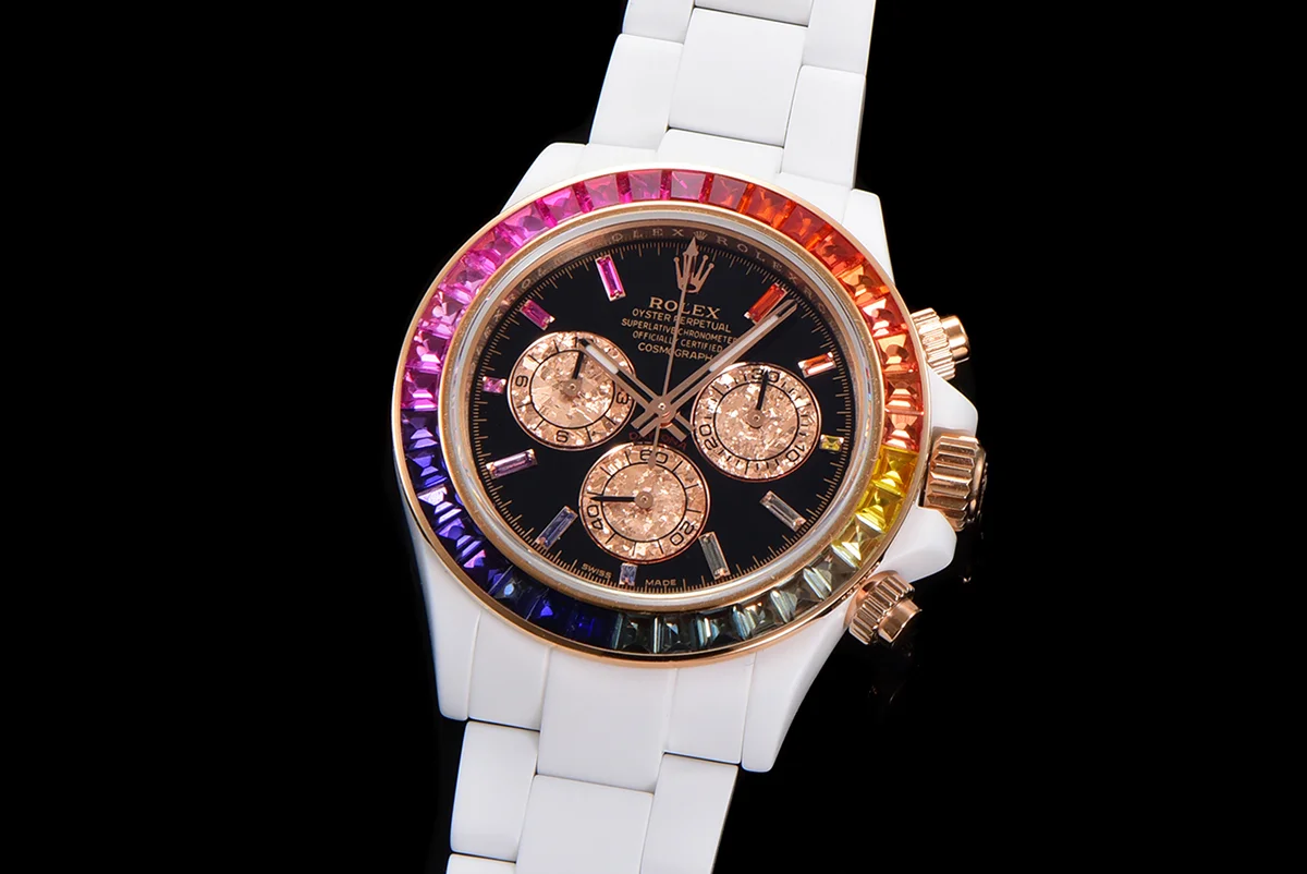 Daytona Black Dial with Rainbow Bezel in White Ceramic