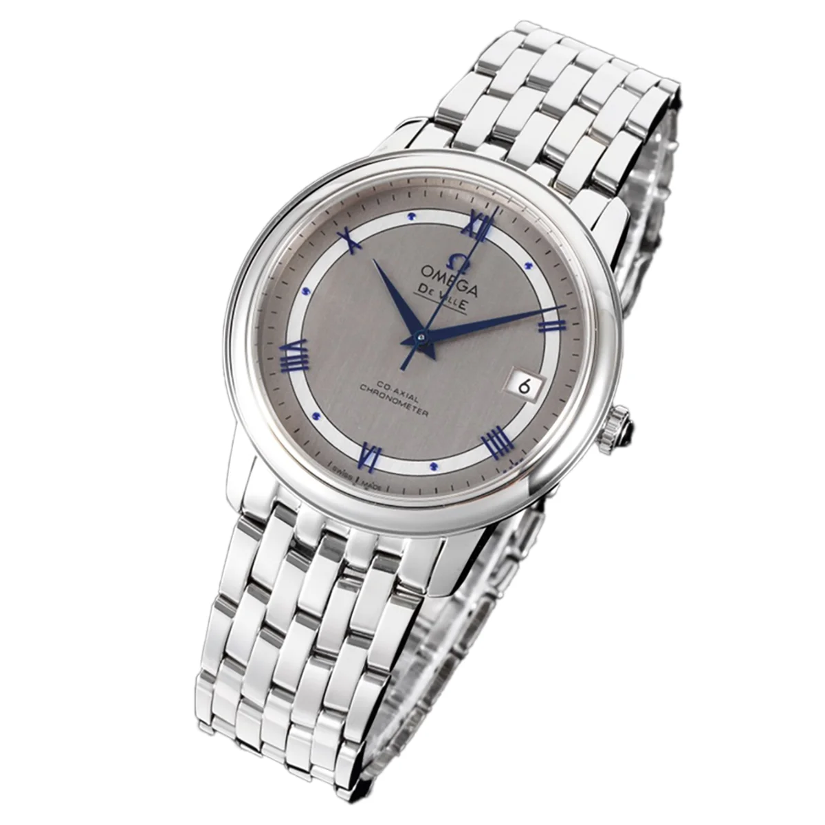 De Ville Co-Axial Chronometer 36.8mm Silver Dial with Blue Marker in Steel on Bracelet