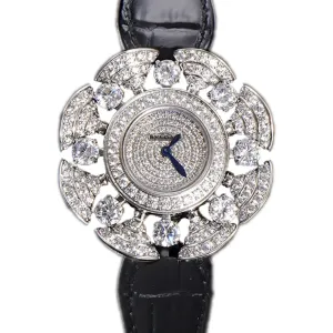Diva’s Dream Jewellery Watch Diamond Paved Dial in White Dial on Black Leather Strap