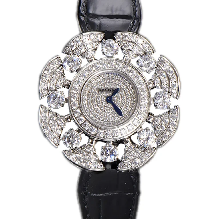 Diva’s Dream Jewellery Watch Diamond Paved Dial in White Dial on Black Leather Strap
