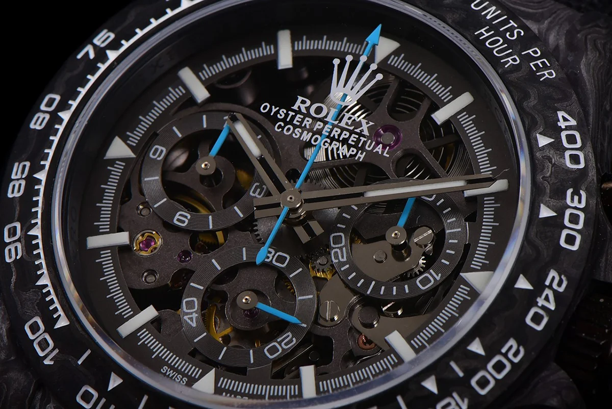 DIW Daytona Skeleton Dial in Carbon with Blue Hands on Black Nylon Strap