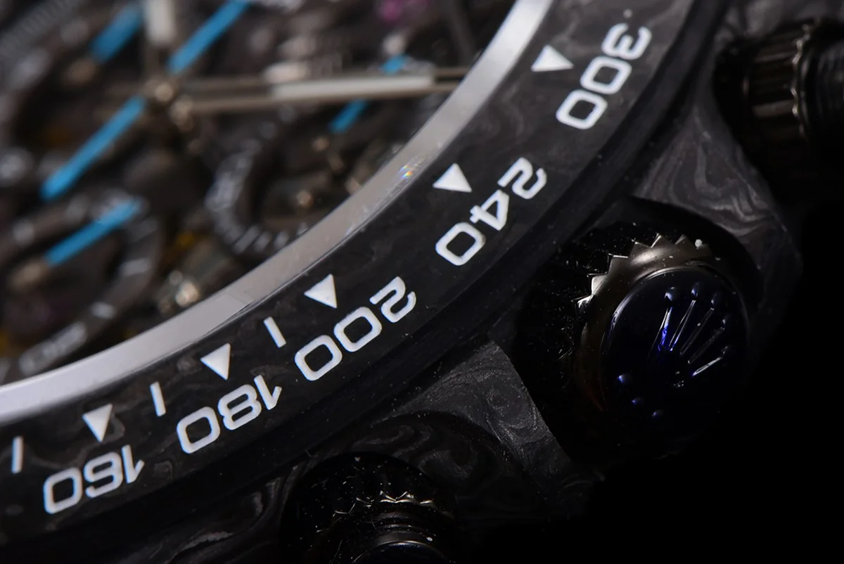 DIW Daytona Skeleton Dial in Carbon with Blue Hands on Black Nylon Strap