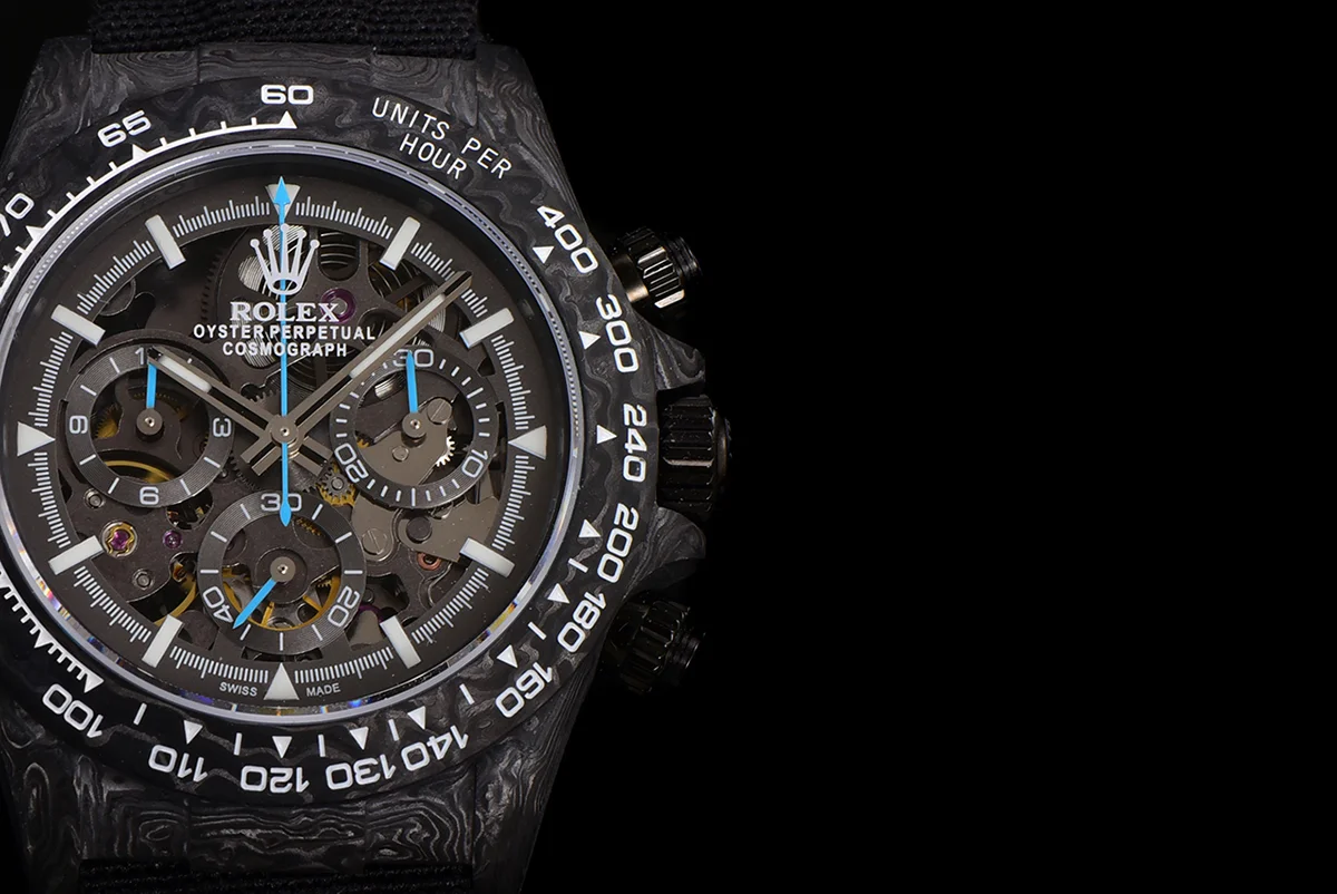 DIW Daytona Skeleton Dial in Carbon with Blue Hands on Black Nylon Strap