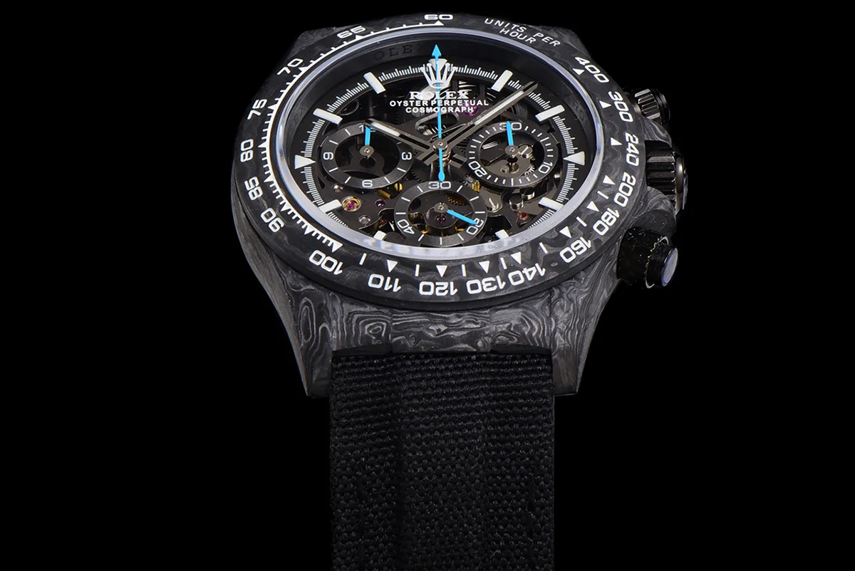 DIW Daytona Skeleton Dial in Carbon with Blue Hands on Black Nylon Strap