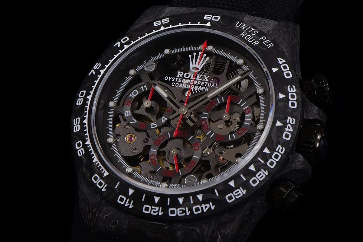 DIW Daytona Skeleton Dial in Carbon with Red Hands on Black Nylon Strap