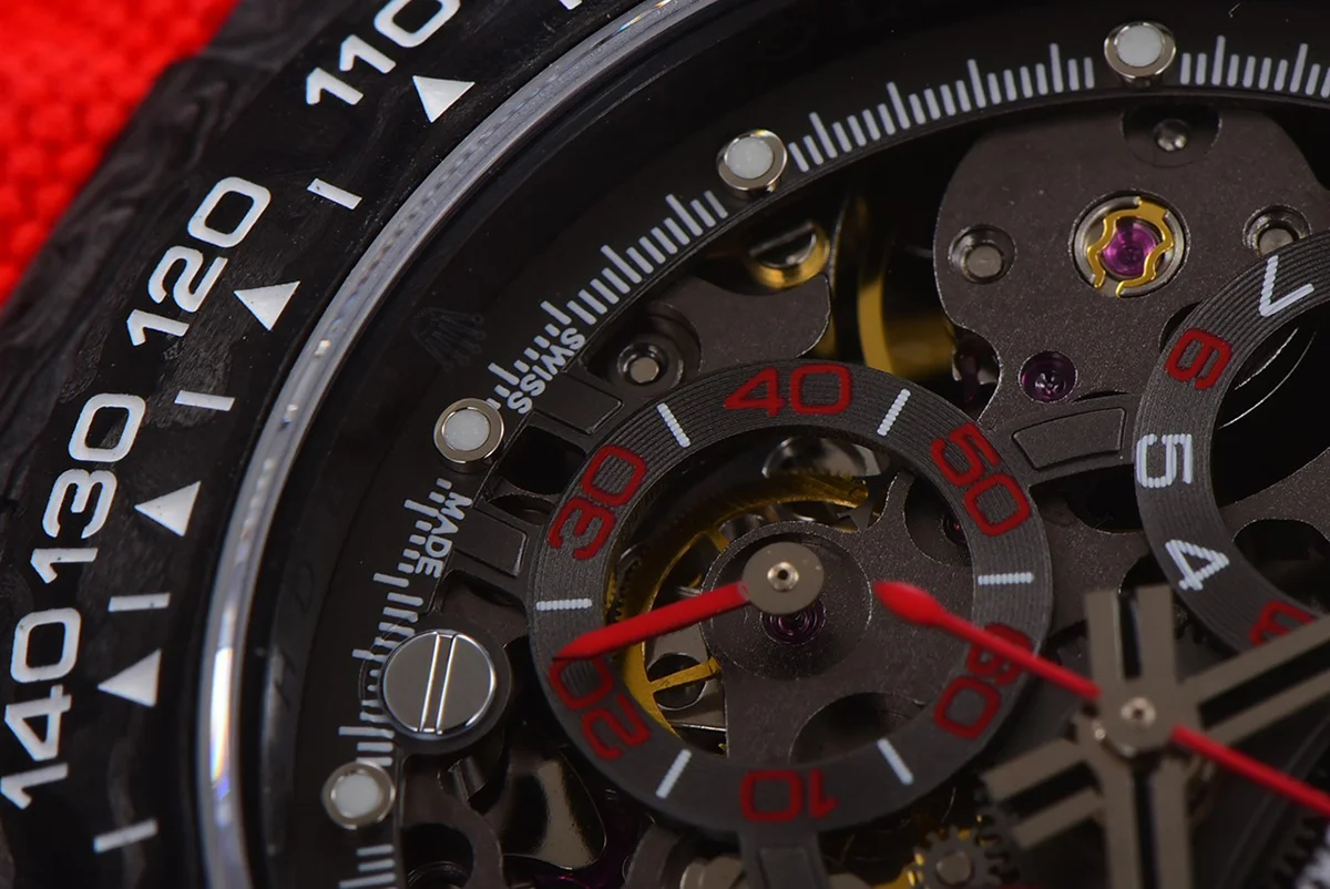 DIW Daytona Skeleton Dial in Carbon with Red Hands on Red Nylon Strap