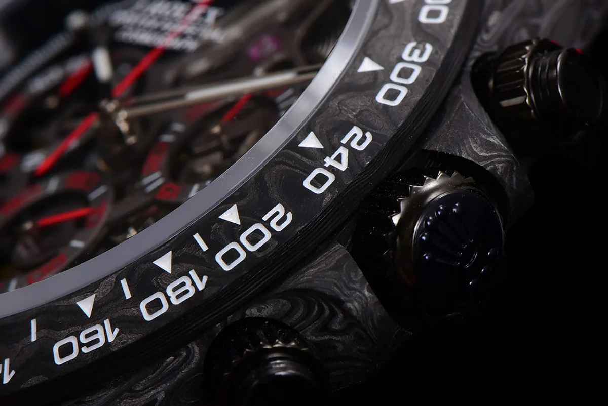 DIW Daytona Skeleton Dial in Carbon with Red Hands on Red Nylon Strap