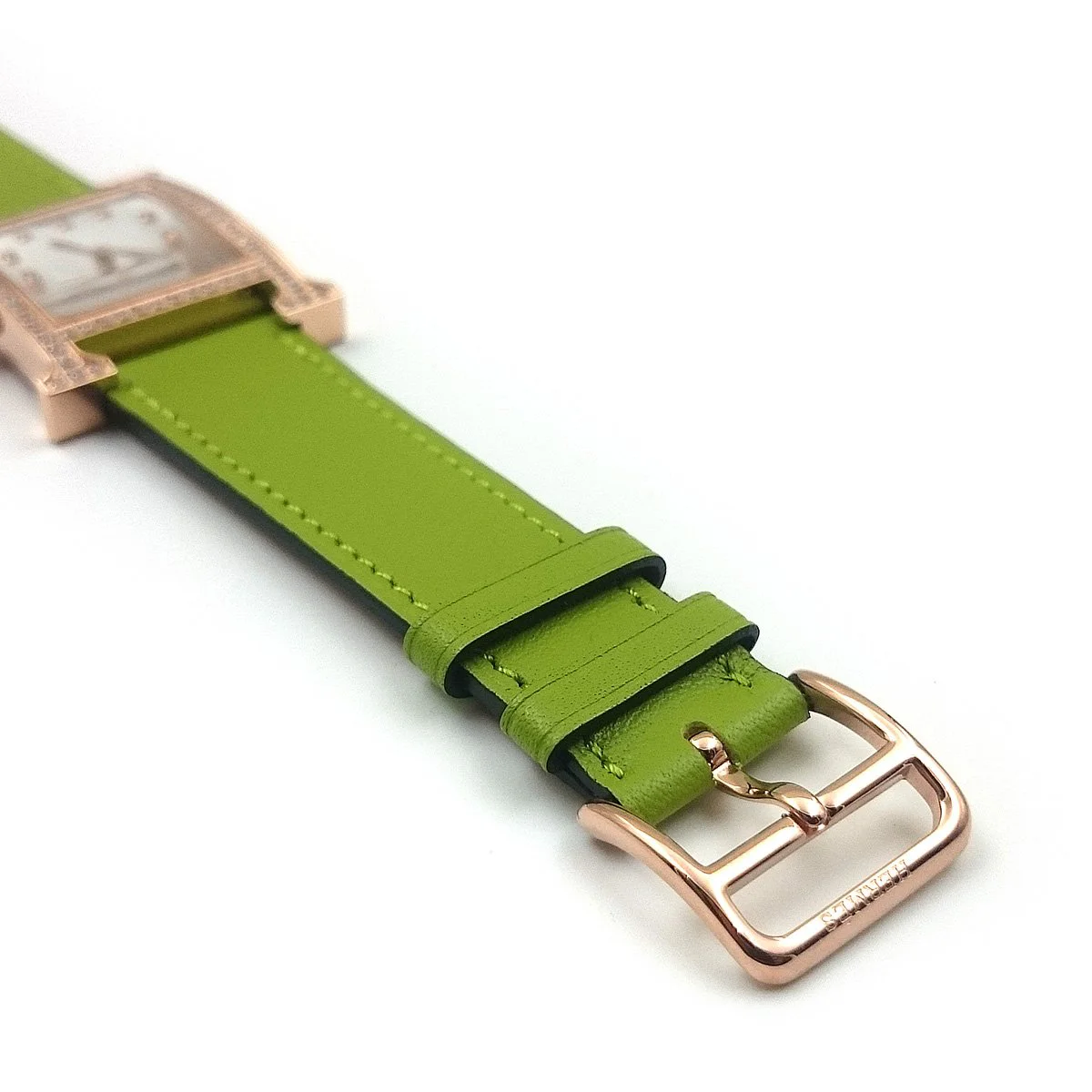 Heure H Rose Gold with Diamond Bezel and Markers on Green Fjord Leather Strap