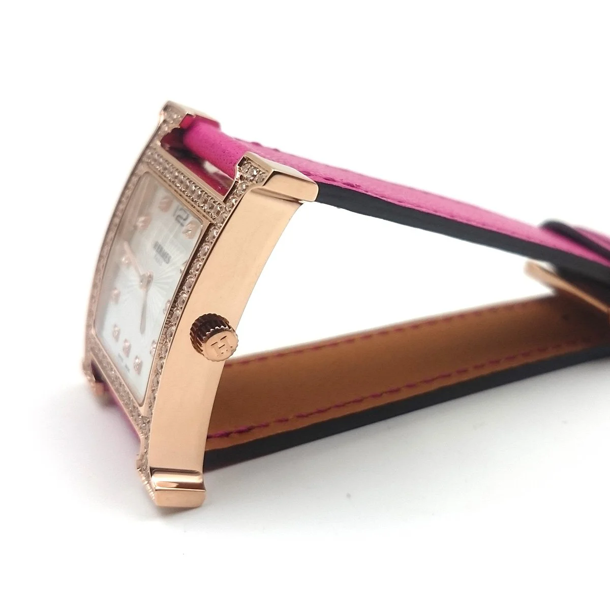Heure H Rose Gold with Diamond Bezel and Markers on Pink Fjord Leather Strap