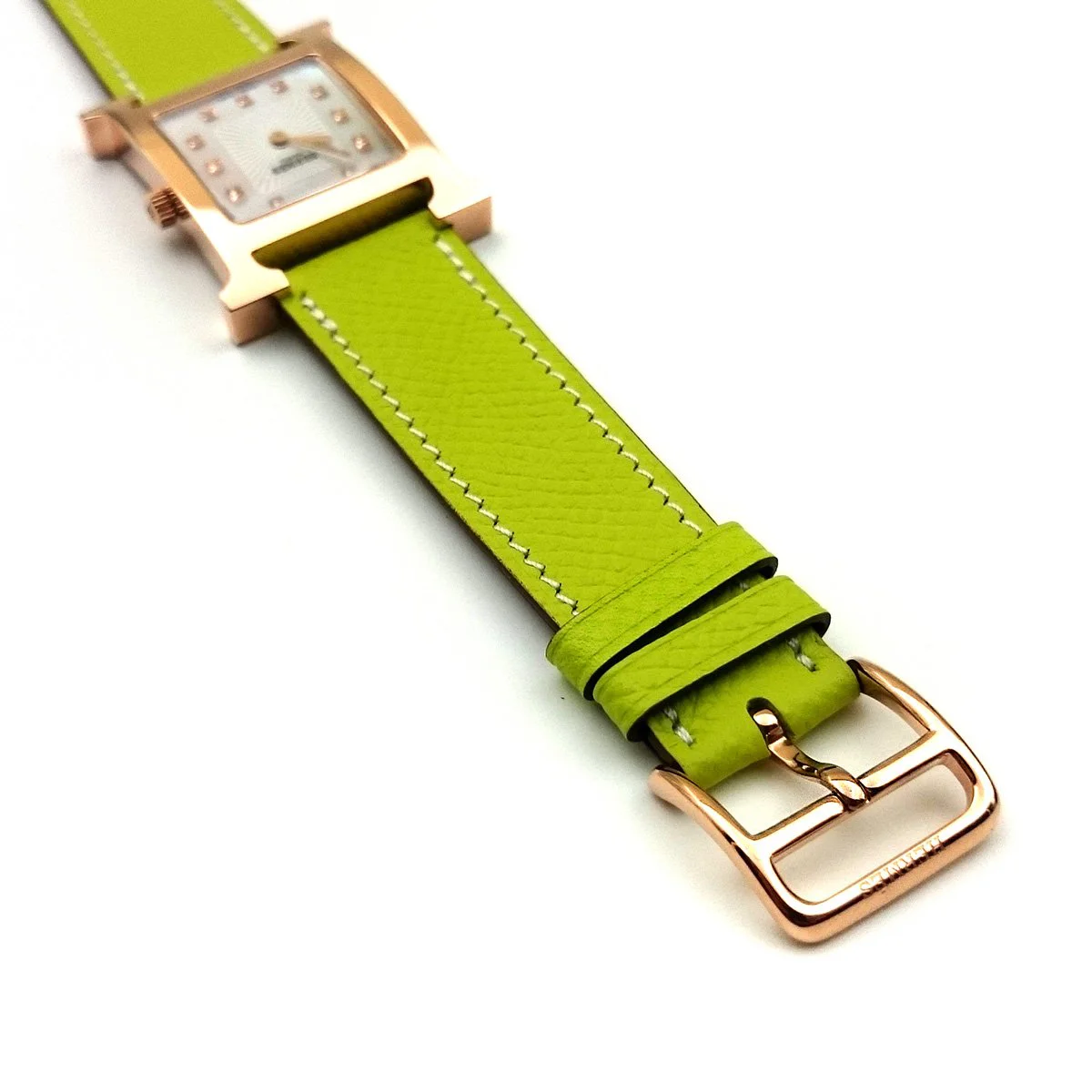 Heure H Rose Gold with Diamond Markers on Green Epsom Leather Strap