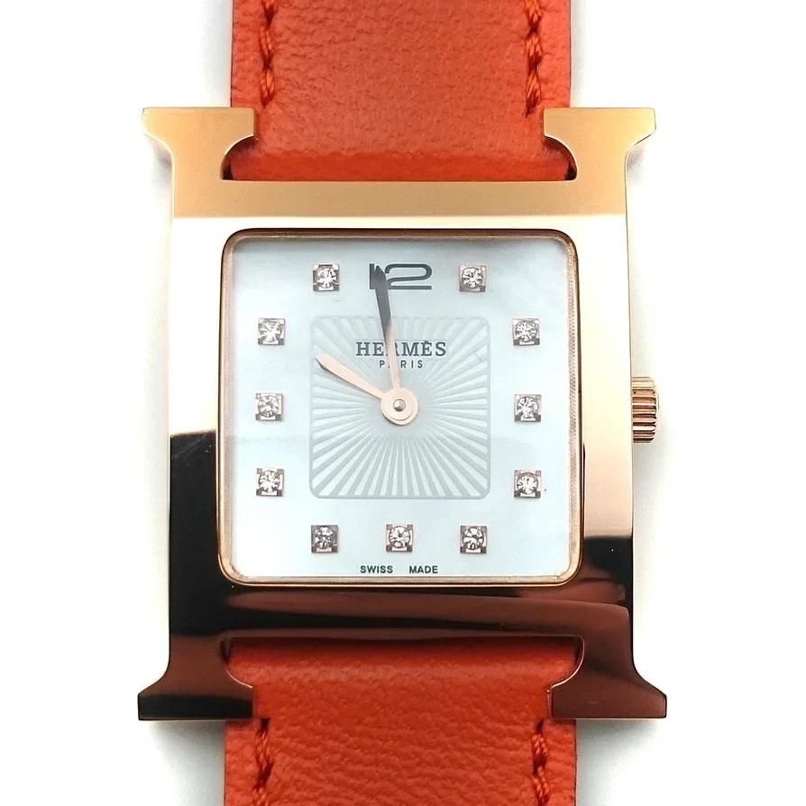 Heure H Rose Gold with Diamond Markers on Orange Fjord Leather Strap