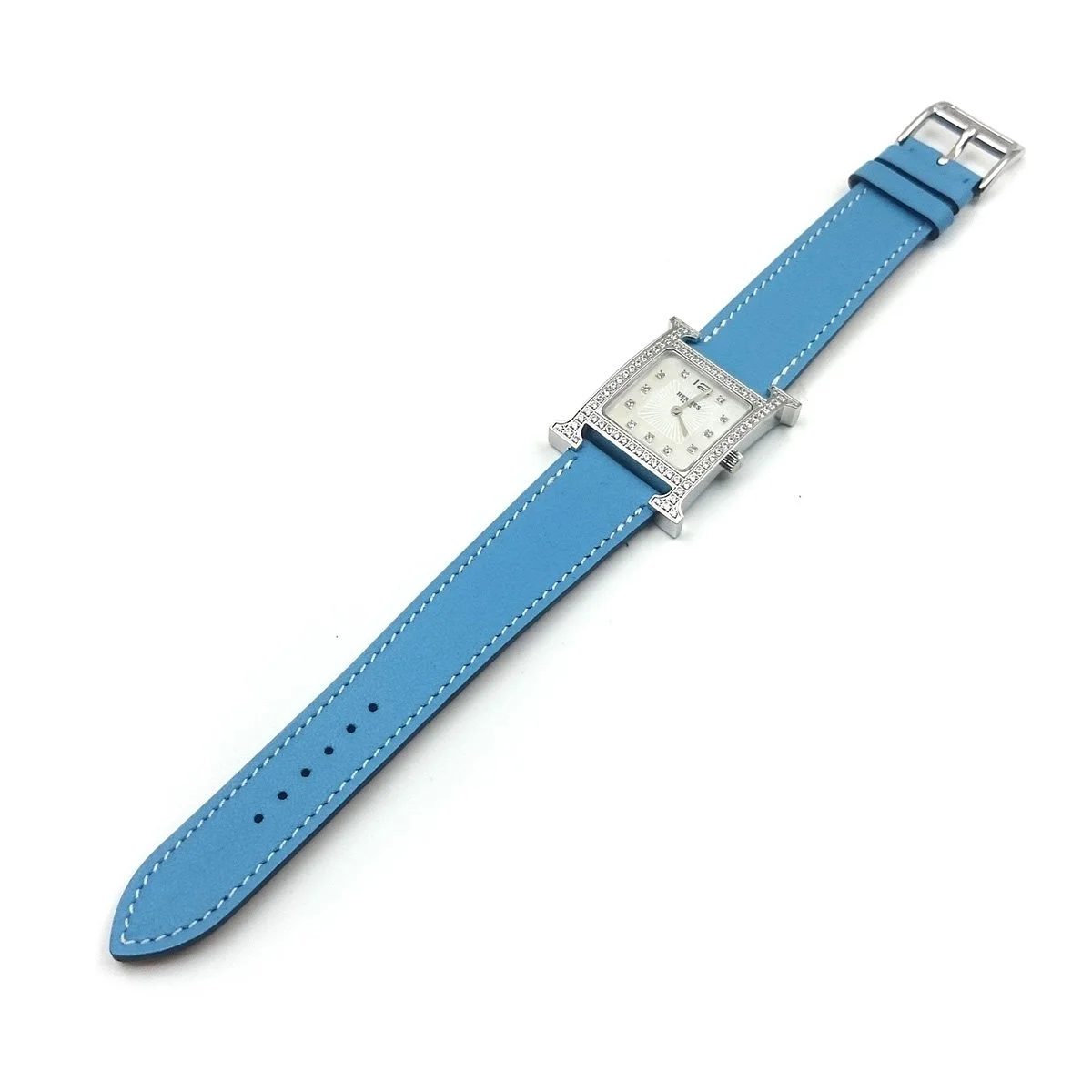 Heure H Steel with Diamond Bezel and Markers on Light Blue Fjord Leather Strap