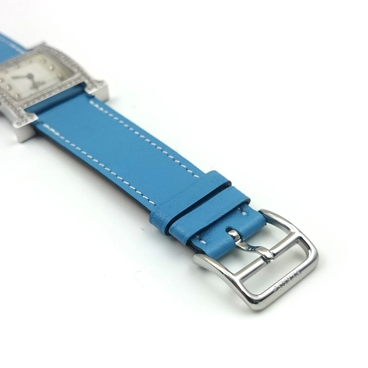 Heure H Steel with Diamond Bezel and Markers on Light Blue Fjord Leather Strap