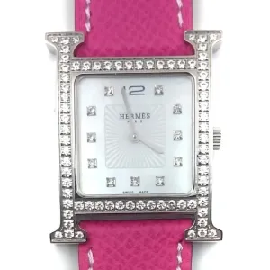 Heure H Steel with Diamond Bezel and Markers on Pink Epsom Leather Strap