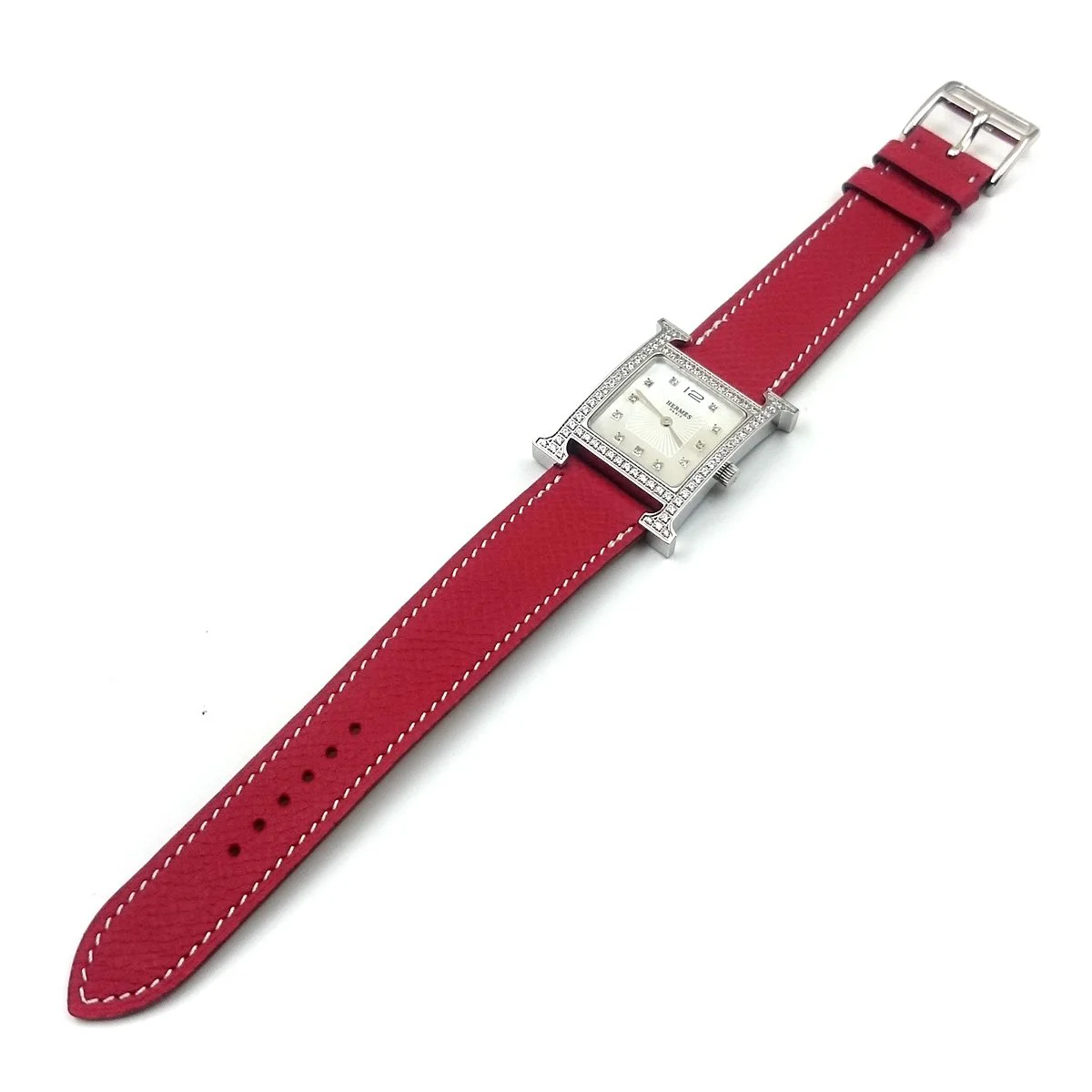 Heure H Steel with Diamond Bezel and Markers on Red Epsom Leather Strap