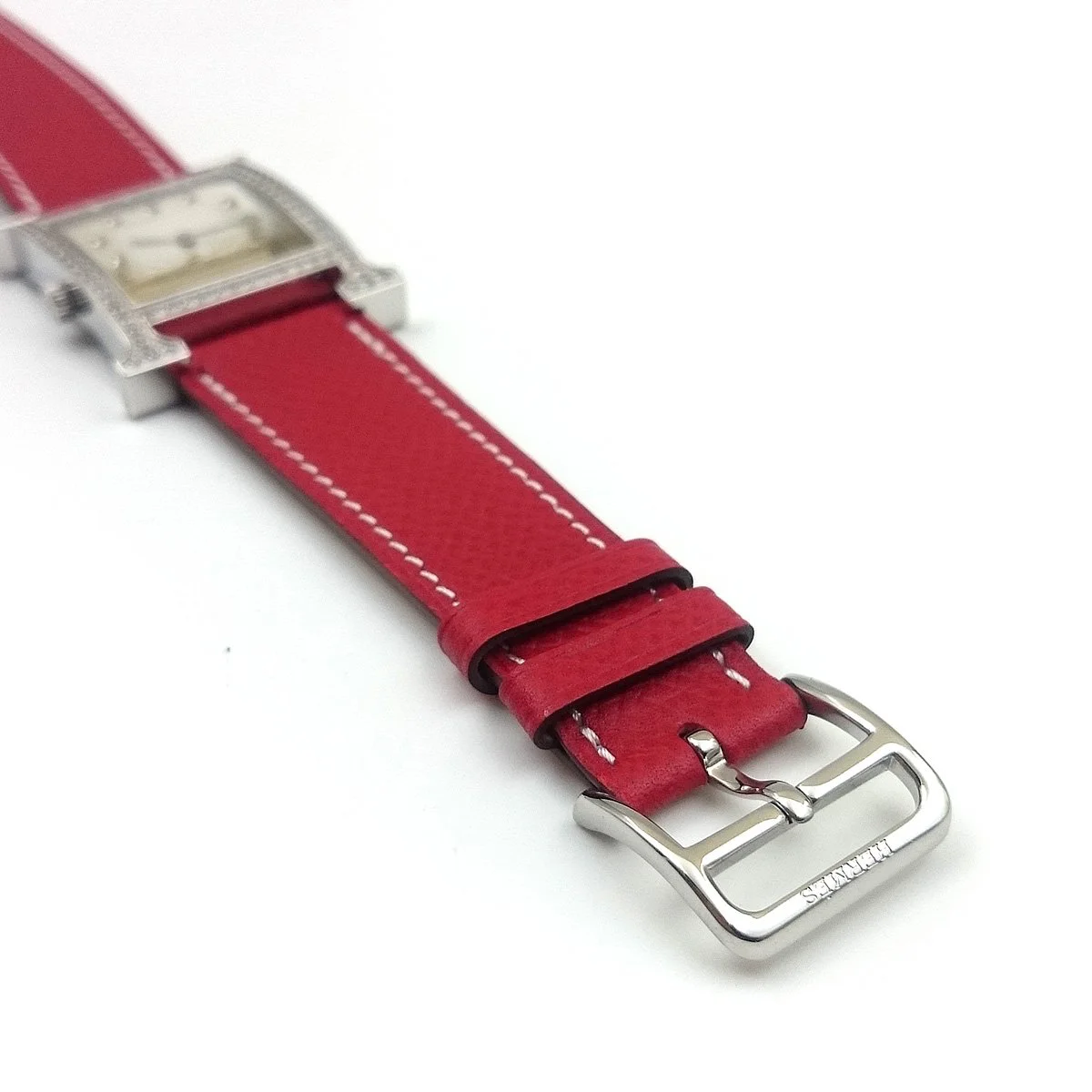Heure H Steel with Diamond Bezel and Markers on Red Epsom Leather Strap