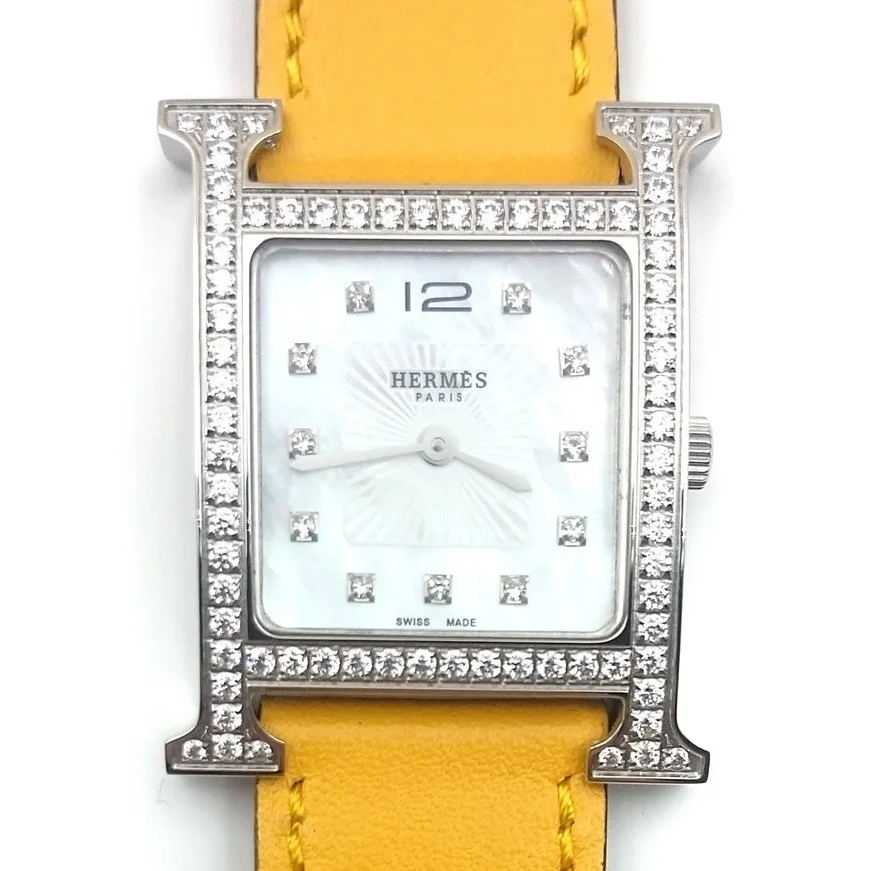 Heure H Steel with Diamond Bezel and Markers on Yellow Epsom Leather Strap