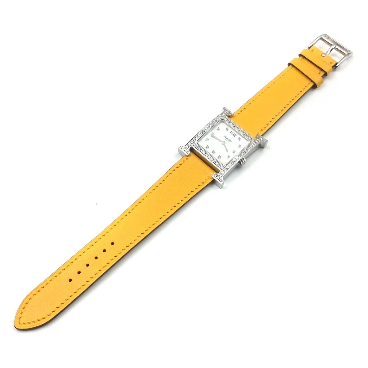 Heure H Steel with Diamond Bezel and Markers on Yellow Epsom Leather Strap