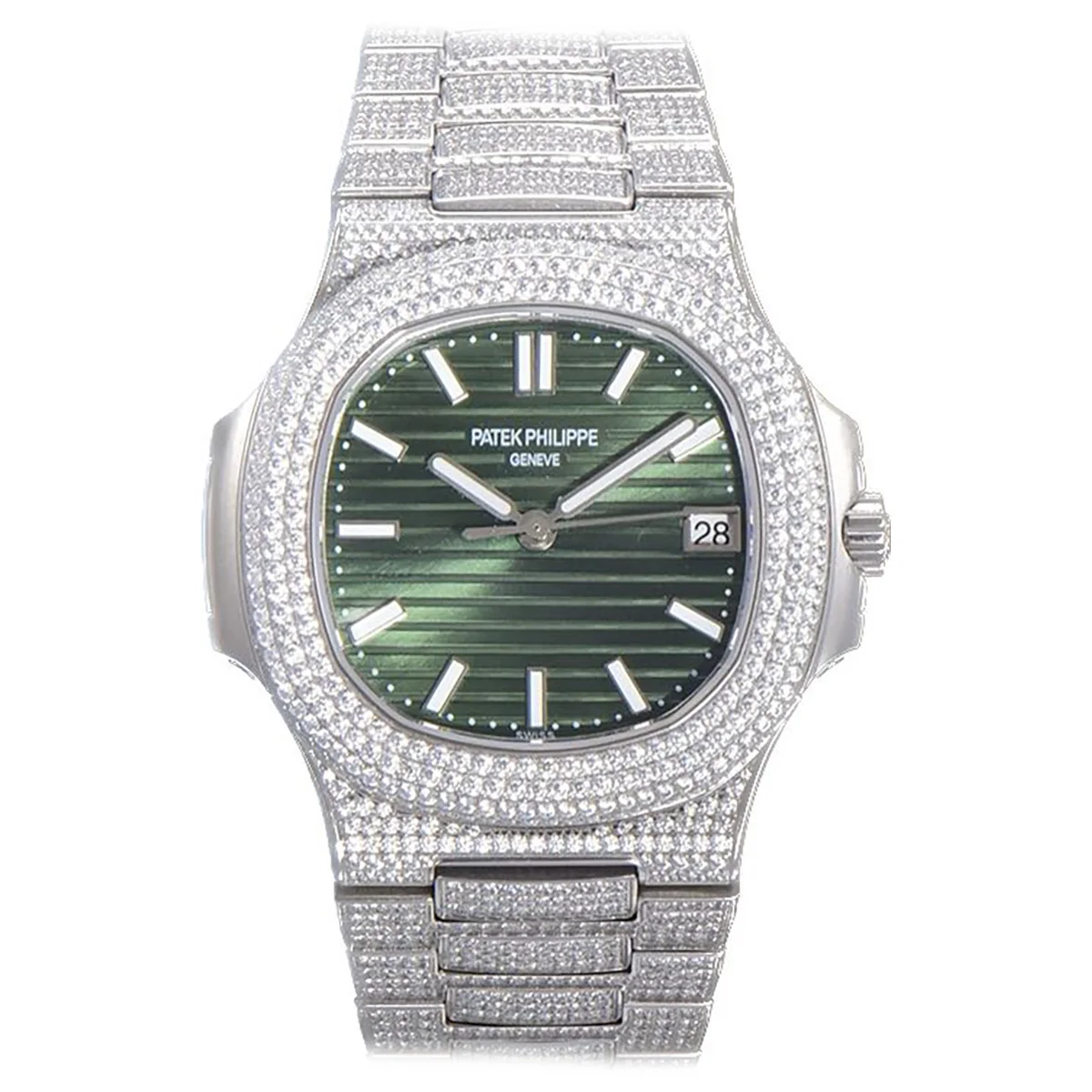 Nautilus Jumbo 5711 Green Dial with Diamond Bezel in Paved Diamonds