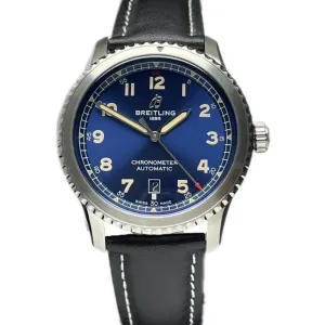 Navitimer Aviator 8 Automatic 41 Blue Dial in Steel on Black Leather Strap