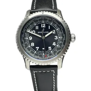 Navitimer Aviator 8 Automatic 45 Black Dial in Steel on Black Leather Strap