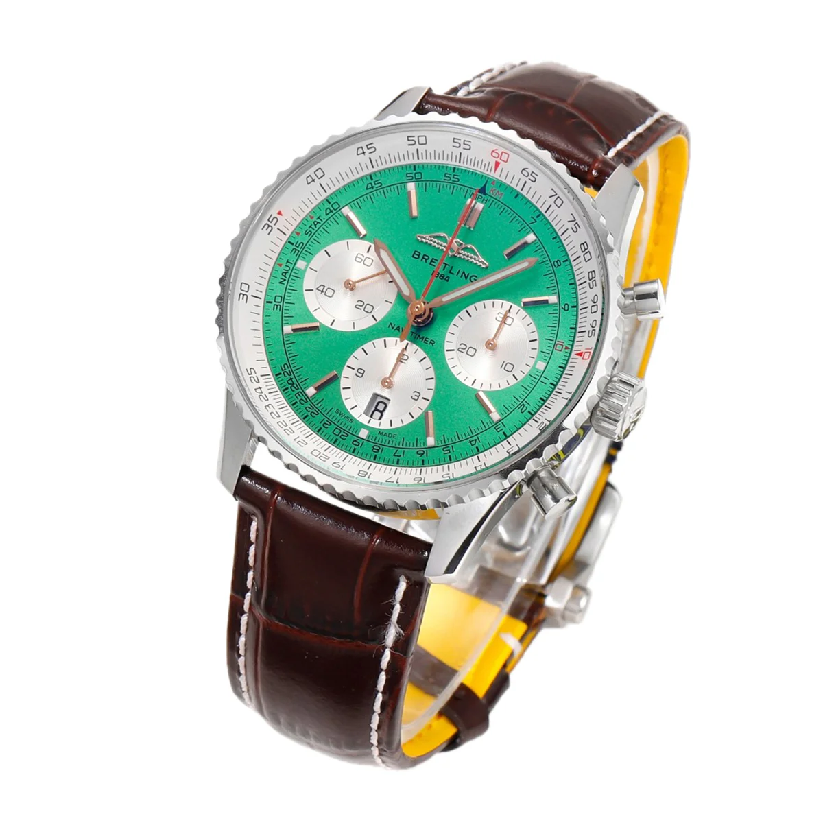 Navitimer B01 Chronograph 41 Green Dial in Steel on Leather Strap Ref. AB0139211L1P1