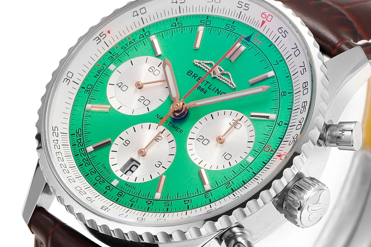 Navitimer B01 Chronograph 41 Green Dial in Steel on Leather Strap Ref. AB0139211L1P1