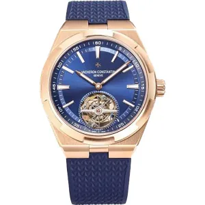 Overseas Tourbillion in Pink Gold on Blue Rubber Strap