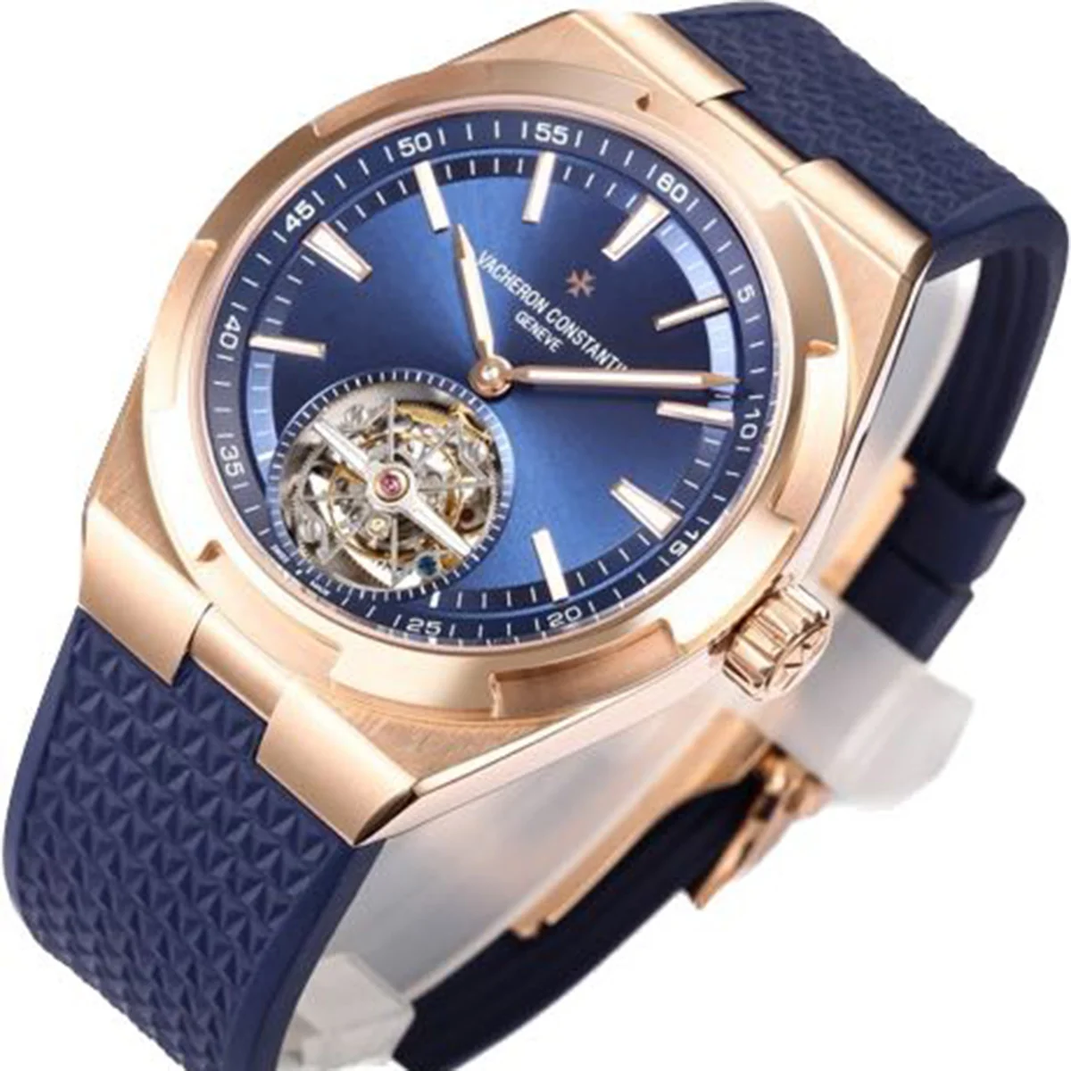 Overseas Tourbillion in Pink Gold on Blue Rubber Strap