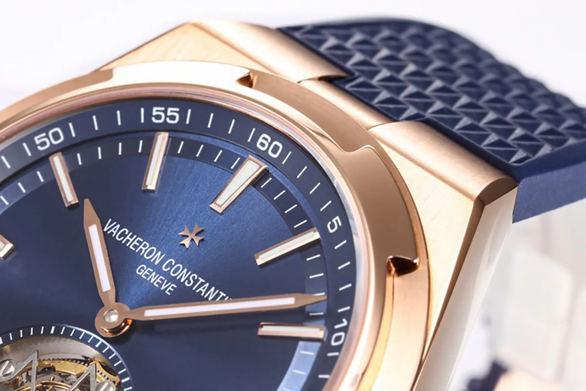 Overseas Tourbillion in Pink Gold on Blue Rubber Strap