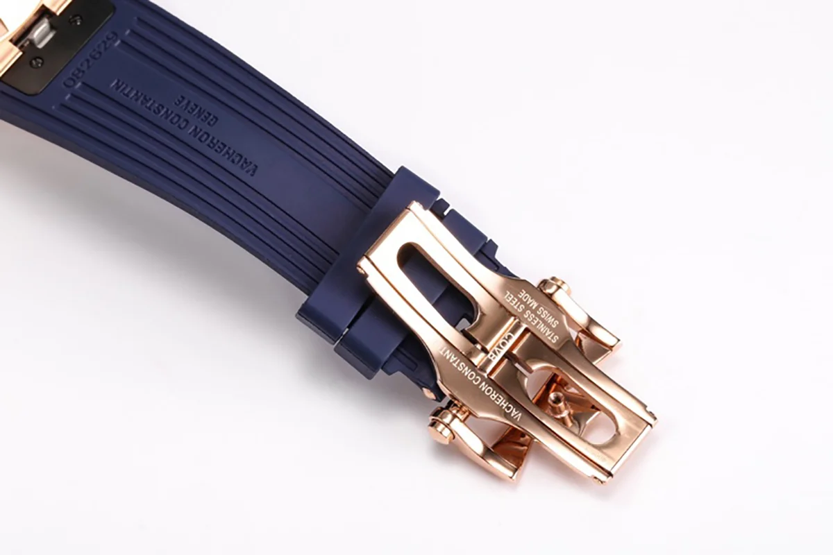 Overseas Tourbillion in Pink Gold on Blue Rubber Strap