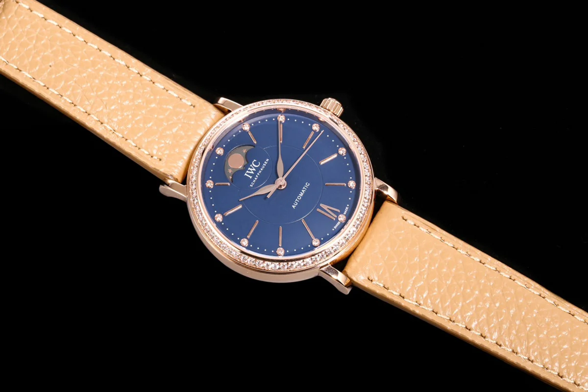Portofino IW6596 Automatic Moon Phase 37 Blue Dial in Rose Gold on Brown Leather Strap