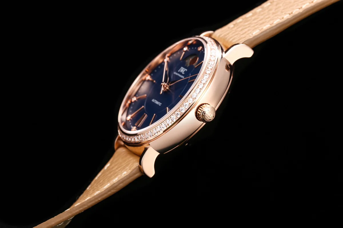 Portofino IW6596 Automatic Moon Phase 37 Blue Dial in Rose Gold on Brown Leather Strap