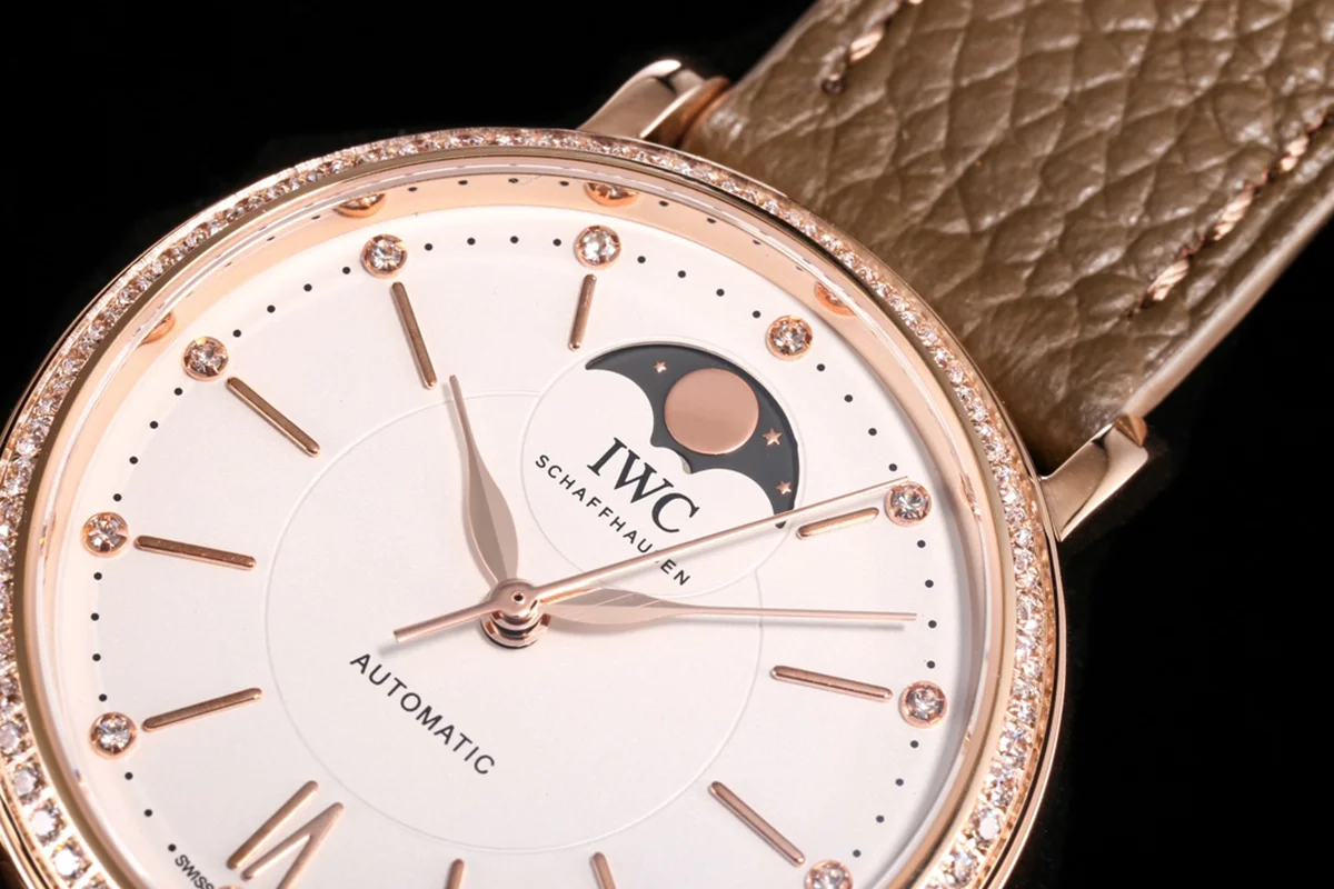 Portofino IW6596 Automatic Moon Phase 37 White Dial in Rose Gold on Brown Leather Strap