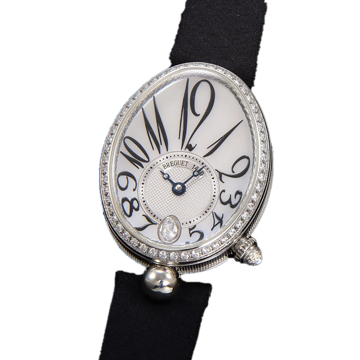 Reine de Naples in White Gold 8918BB on Black Leather Strap