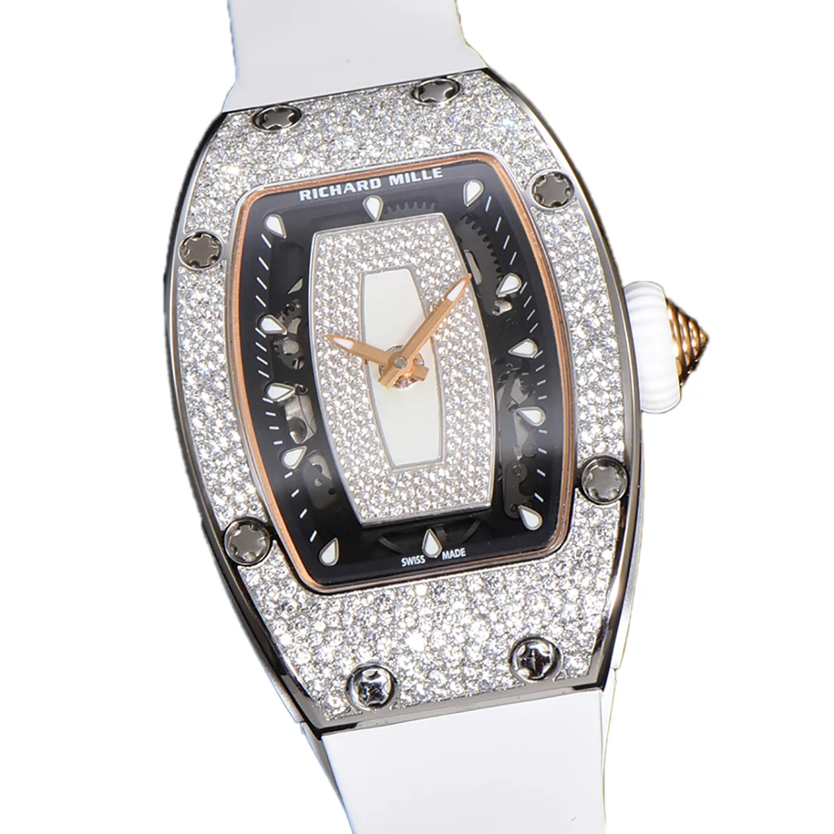 RM 007 Automatic Ladies with Diamond Bezel in Steel on White Rubber Strap
