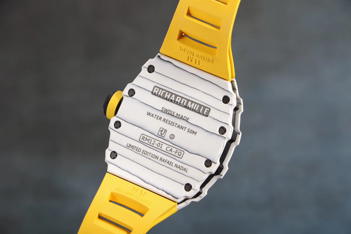 RM 012-01 Tourbillon White NTPT Carbon on Yellow Rubber Strap