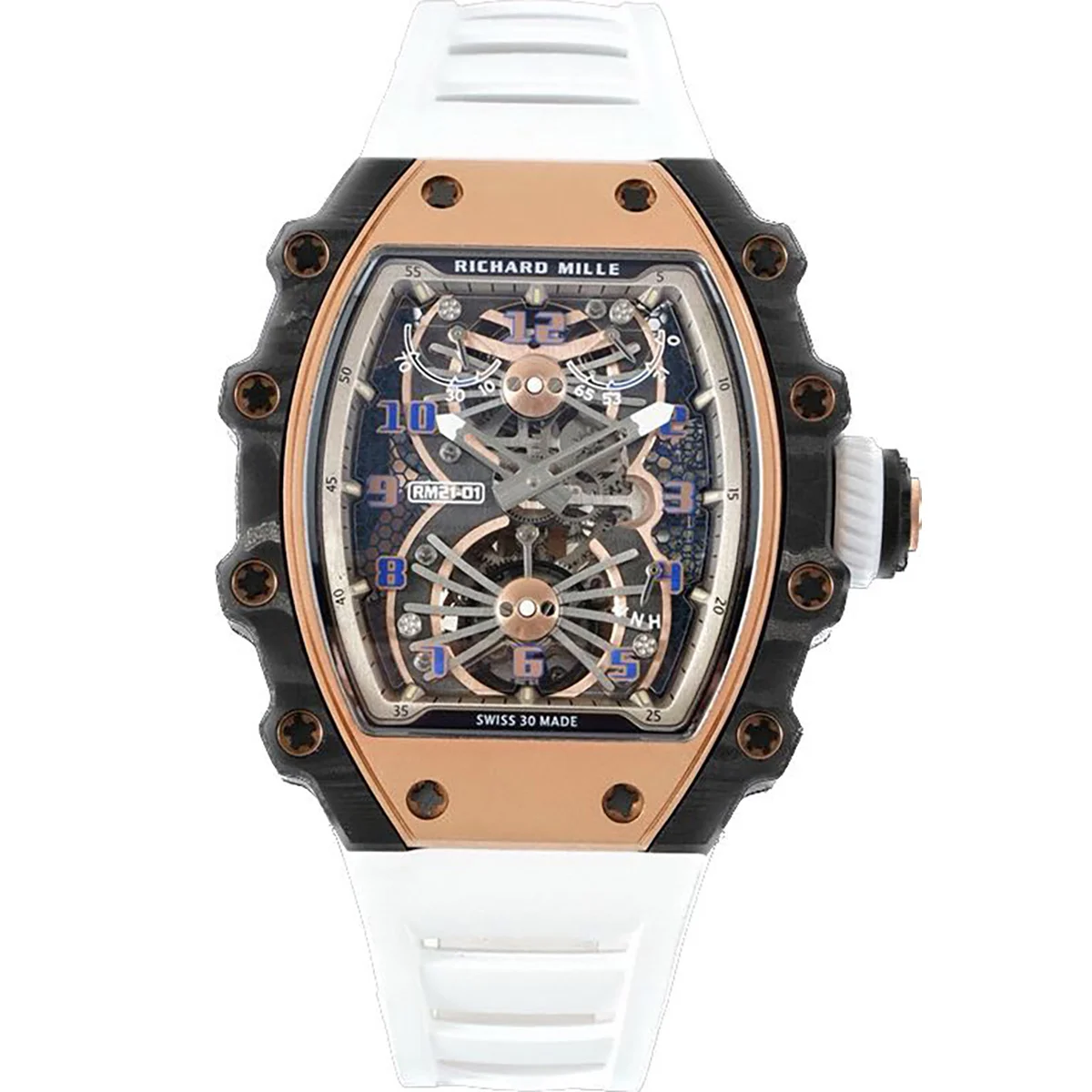 RM 021-01 Tourbillon Aerodyne in Rose Gold on White Rubber Strap