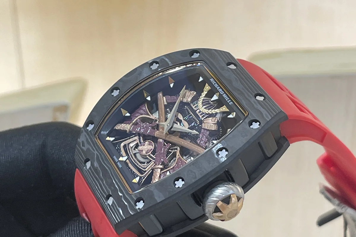RM047 Tourbillon Samurai NTPT Carbon on Red Rubber Strap