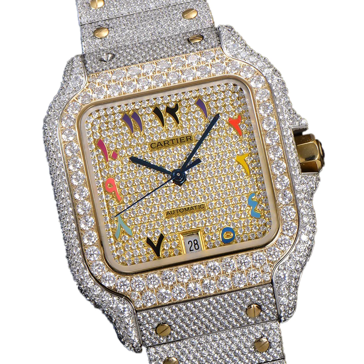 Santos de Cartier 40mm Diamond Paved Dial with Colourful Arabic Markers in Steel/Yellow Gold