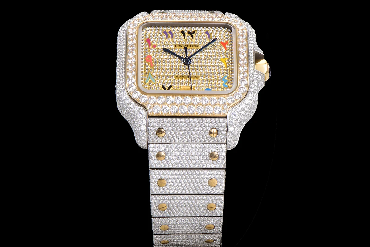 Santos de Cartier 40mm Diamond Paved Dial with Colourful Arabic Markers in Steel/Yellow Gold