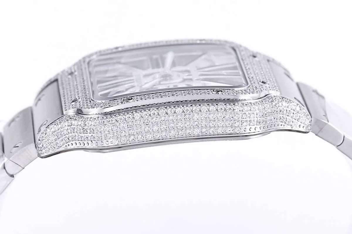 Santos De Cartier Watch Skeleton Dial Black Marker with Diamond Bezel in Steel