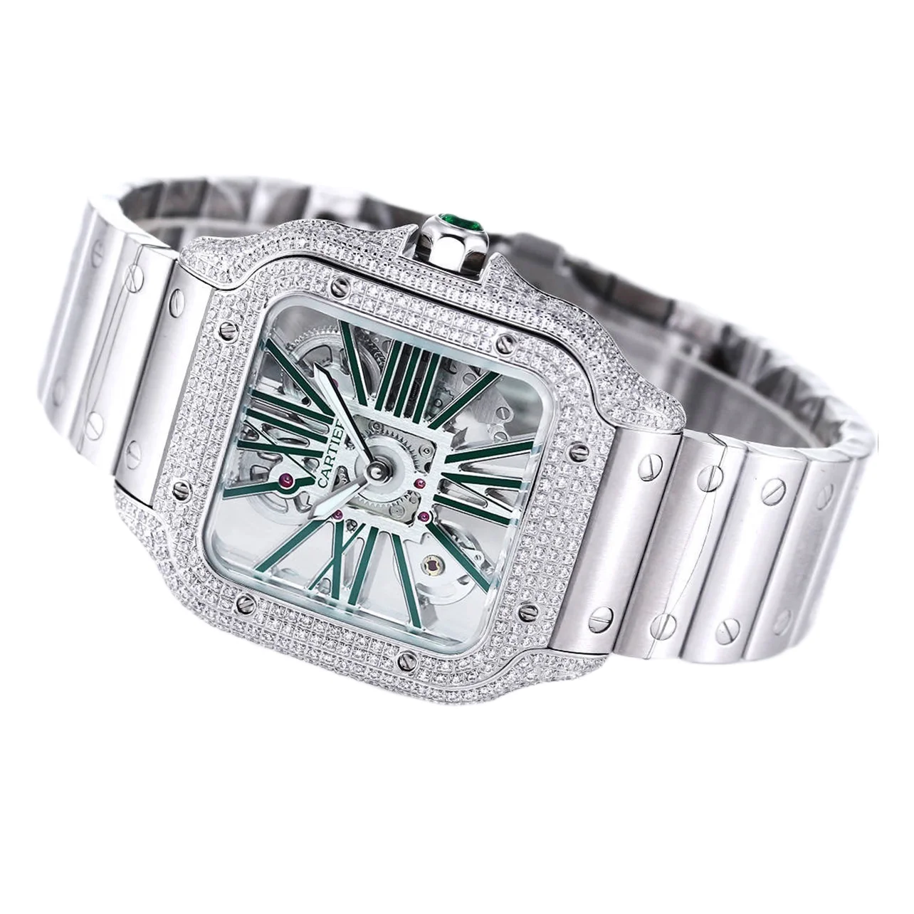 Santos De Cartier Watch Skeleton Dial Green Marker with Diamond Bezel in Steel