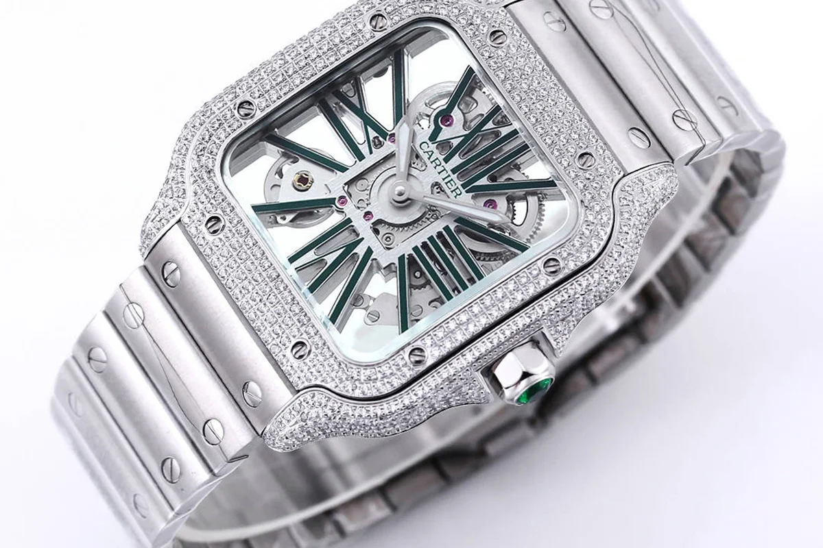 Santos De Cartier Watch Skeleton Dial Green Marker with Diamond Bezel in Steel